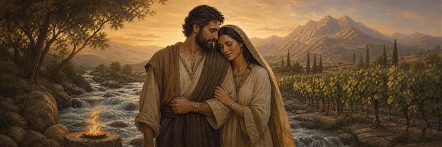 A couple leaning together beside a small flame, rushing water, vineyard, and distant mountains